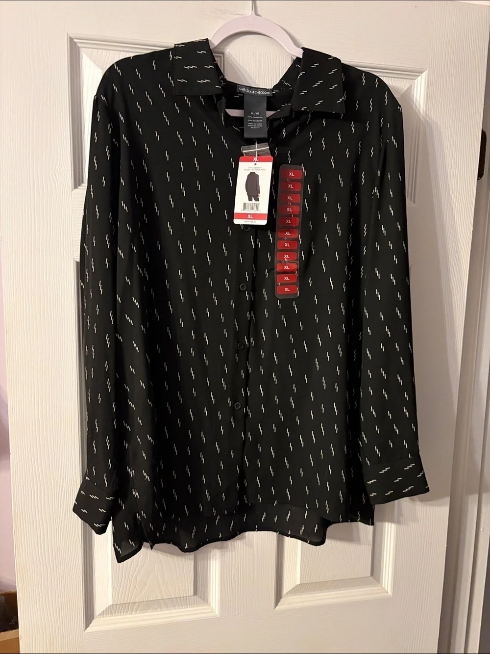 Worthington Black Button-Down Blouse with White Dash Print